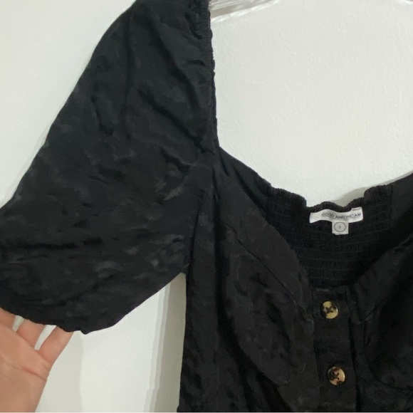 Good American Black Maxi Dress Puff Sleeve Button Up Silky Smocking Size Large 3 - Picture 10 of 12